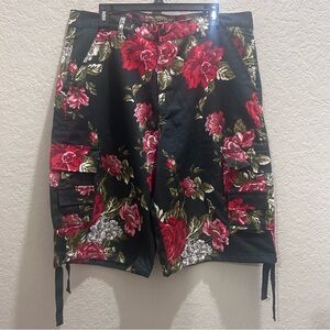 EVOLUTION In Design Mens Floral Cargo Shorts 36 Pine Green Twill Utility Baggy